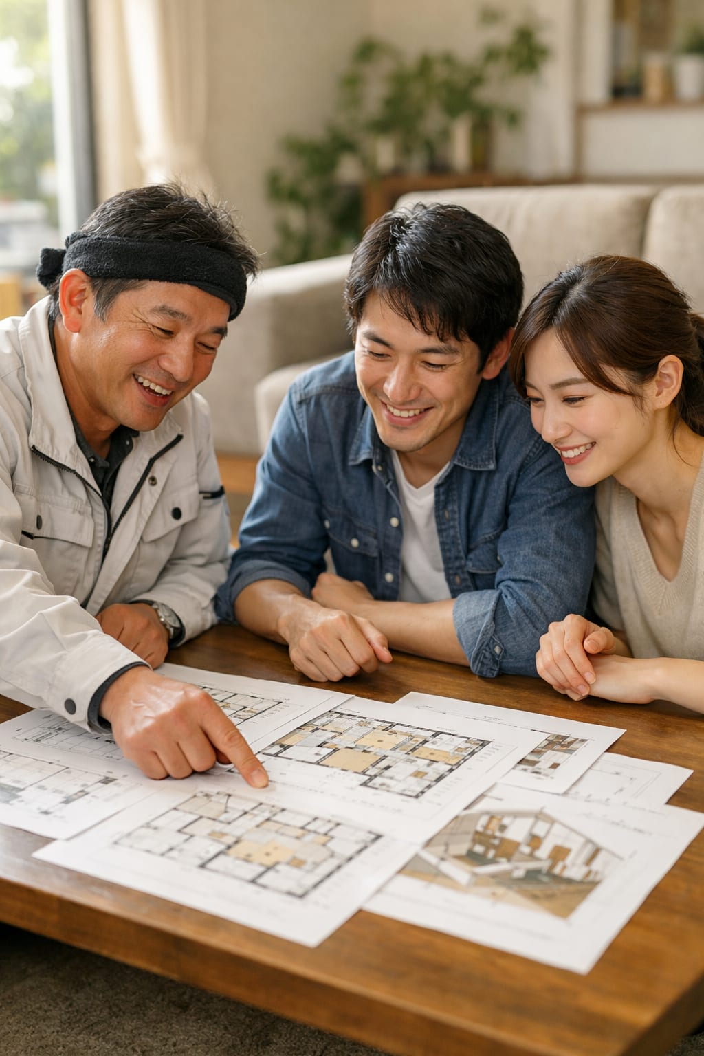 お客様と間取り図を囲んで打ち合わせをする様子
