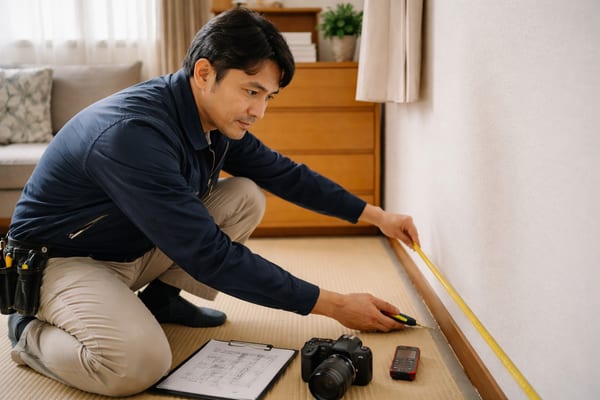 自宅でメジャーを当てるスタッフ