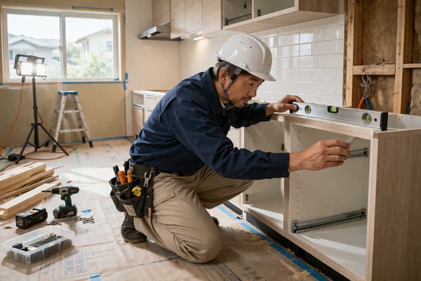 職人がキッチン施工中