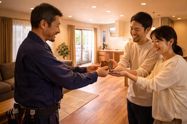 完成リビングでお客様に鍵を渡す