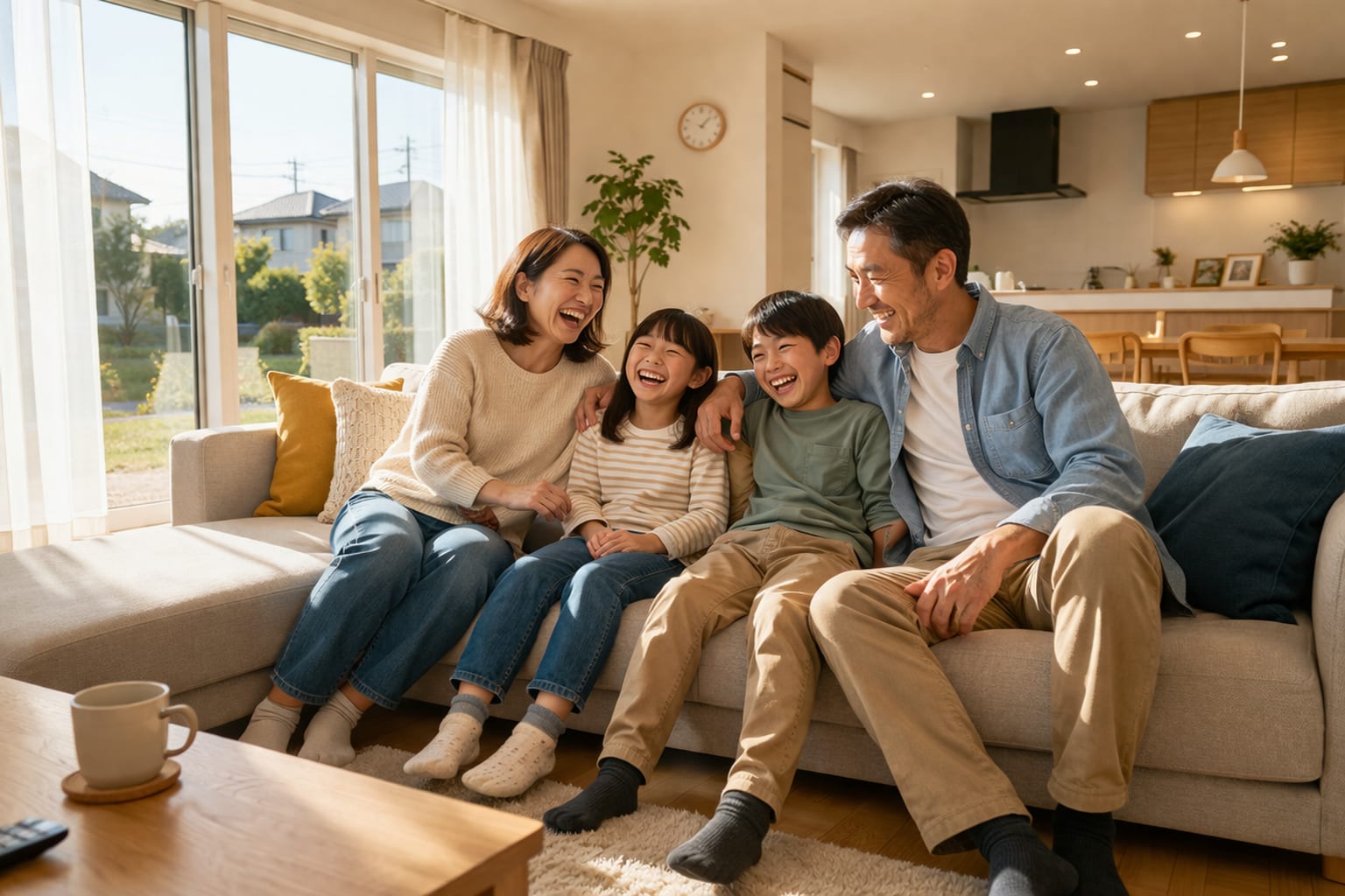 笑顔の家族がリフォーム後のリビングでくつろぐ様子