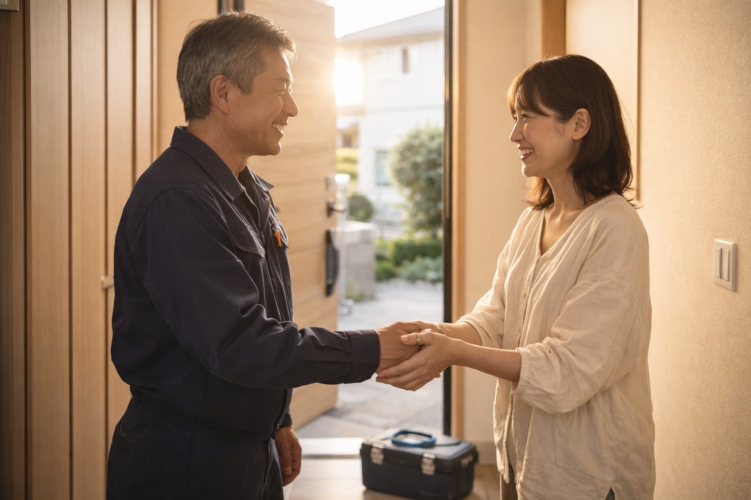 職人とお客様が笑顔で握手する場面