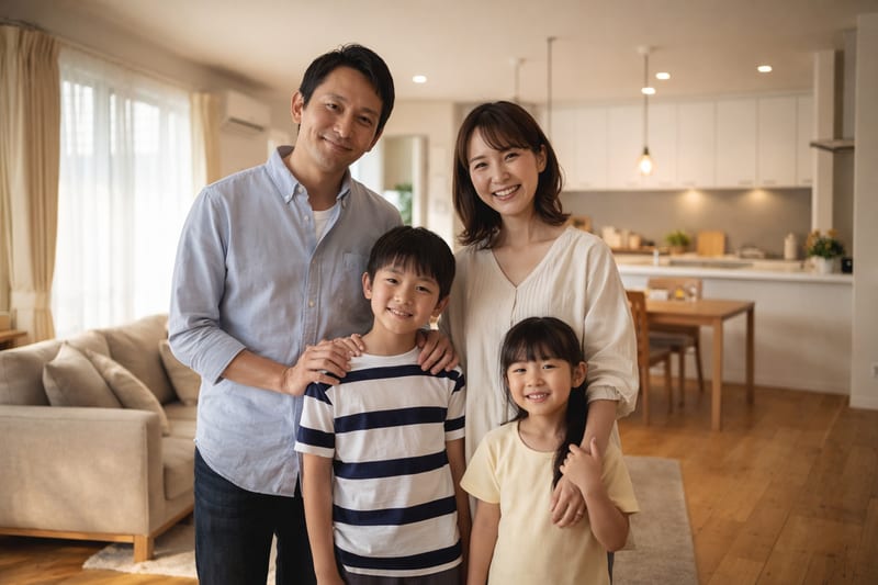 リフォーム後のリビングで笑顔の家族