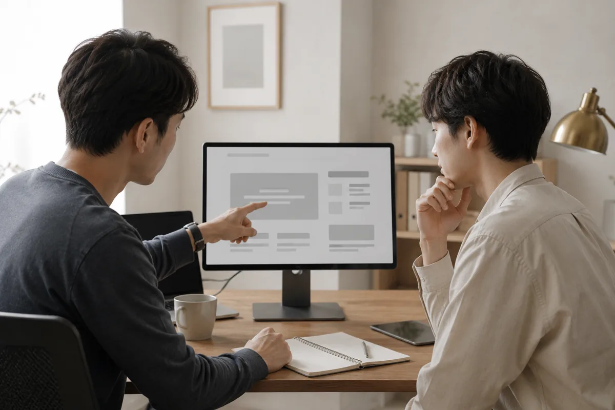 モニターを指差しながら二人で表示を確認している様子