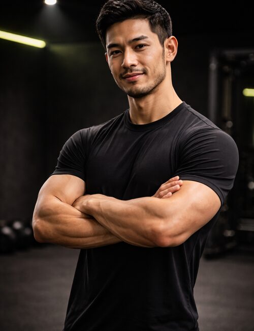 代表トレーナー 青木拓海 — 腕を組みジムに立つ自信ある姿