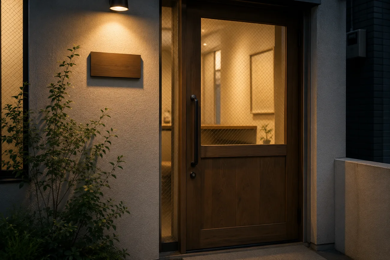 事務所の入口。木の看板と落ち着いた照明