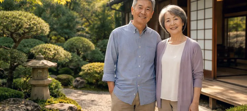 庭のある住まいで穏やかに過ごす年配の夫婦