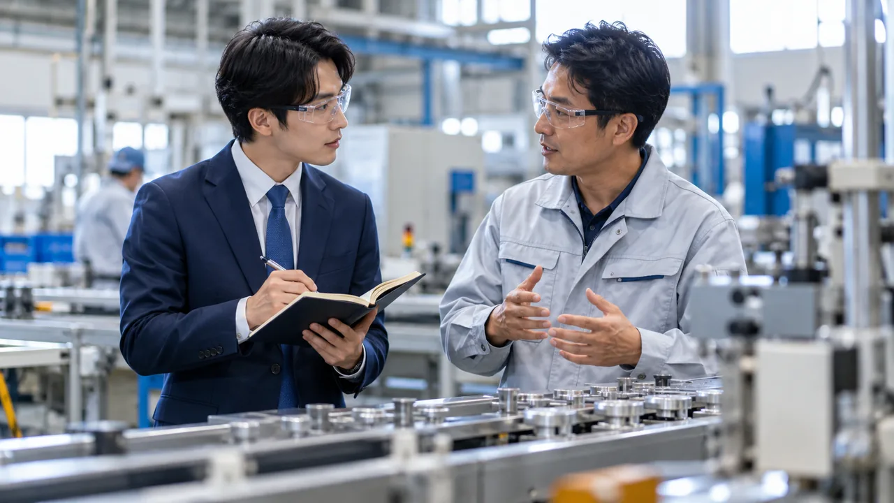 製造ラインの横で、若手のコンサルタントが現場の責任者に話を聞き、ノートに書き留めている様子