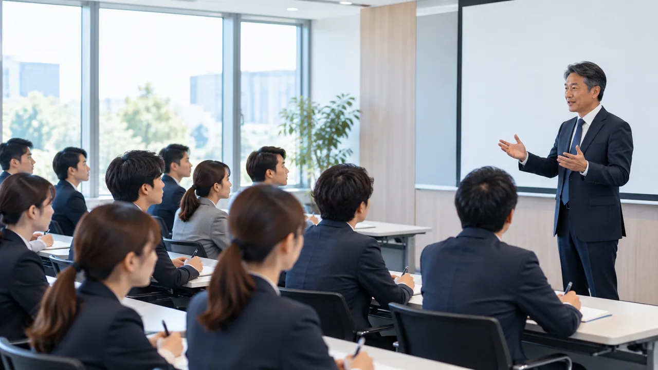 研修室で、若手社員10人ほどが、スクリーンの横に立つ先輩コンサルタントの話を聞いている様子