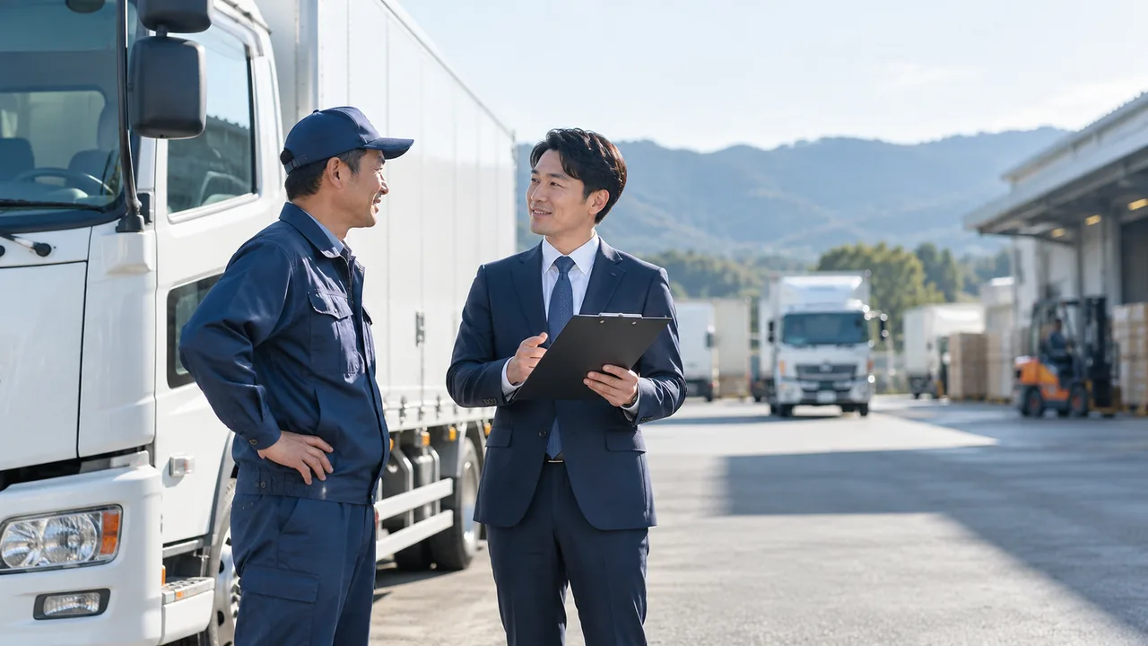 物流会社の車庫で、ドライバーと管理者がトラックの横で話している様子