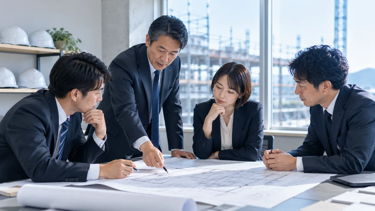 建設会社の会議室で、スーツ姿の4人が机に広げた図面を囲んでいる様子