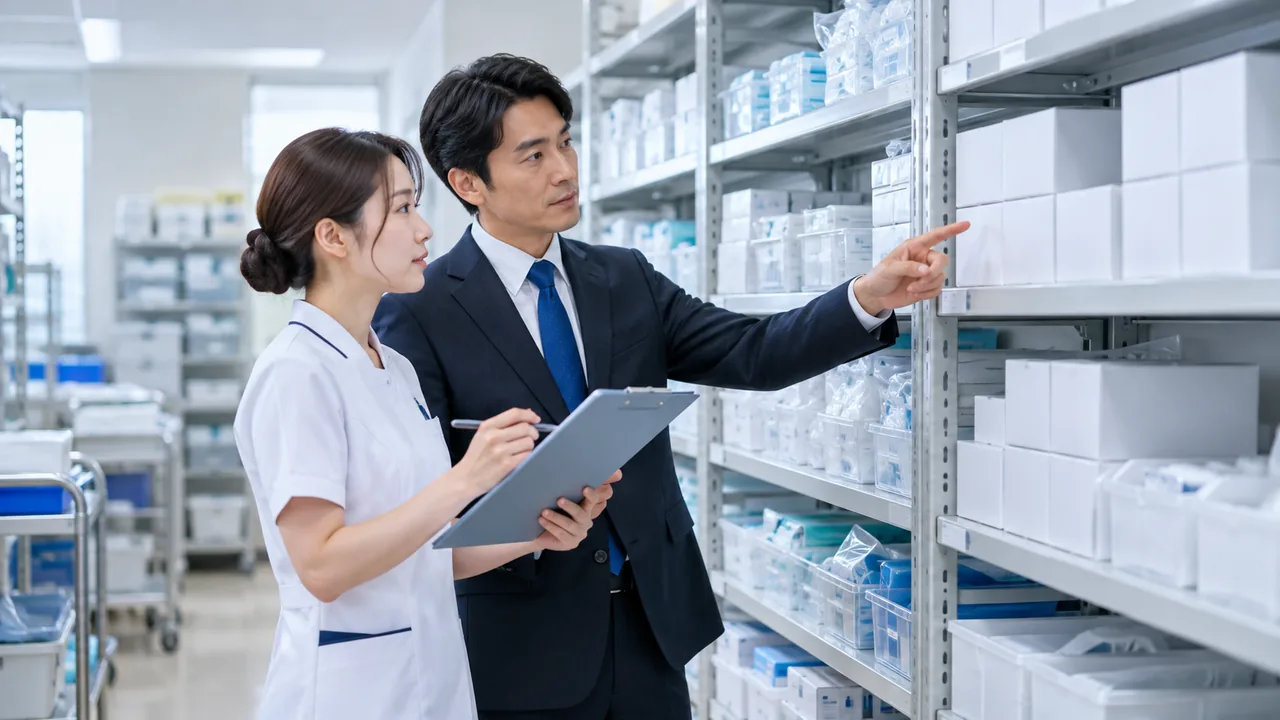 病院の資材庫で、看護師と購買担当者が棚の医療材料を確認している様子