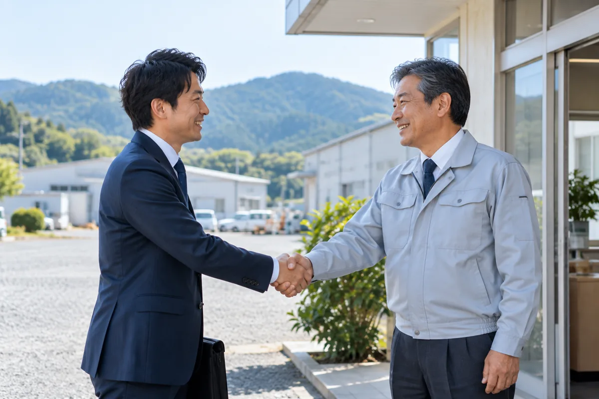 地方の工場の事務所棟の入口で、コンサルタントと社長が軽く握手を交わしている様子