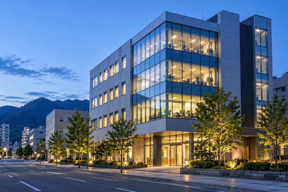 夕暮れの地方都市に建つ中層のオフィスビル。ガラスと明るい石の外壁で、いくつかの階に明かりがともっている