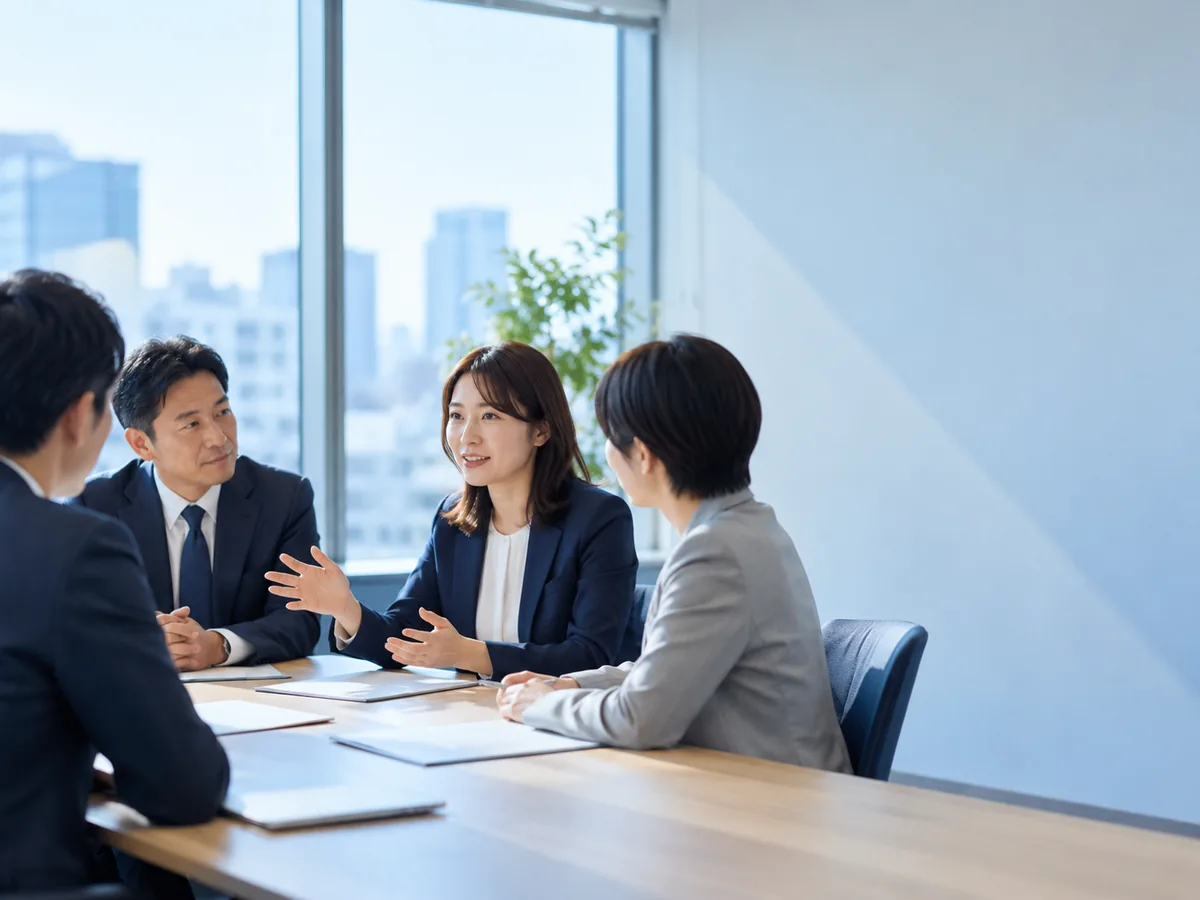 明るい会議室で、紺のスーツの女性が経営陣に説明している様子