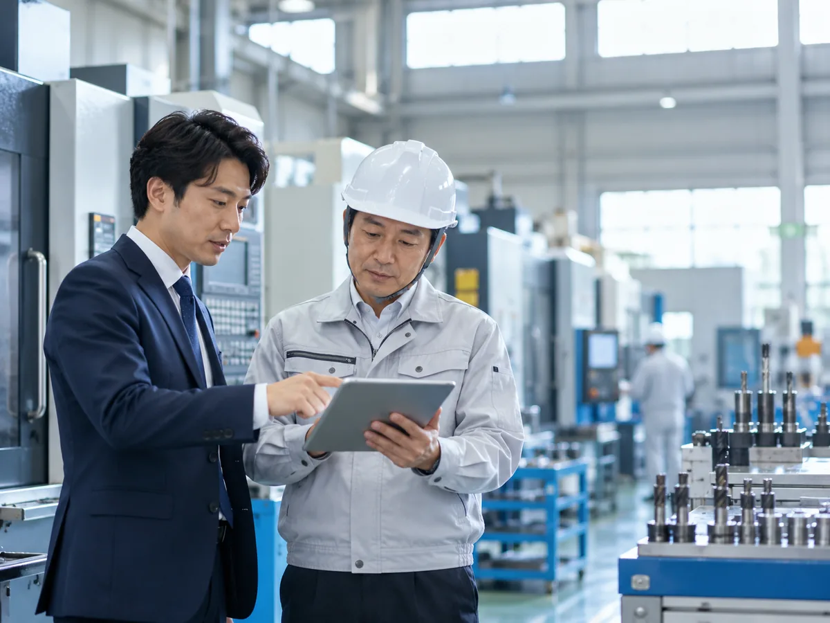 精密部品の工場で、コンサルタントと工場長が加工ラインの横でタブレットを確認している様子