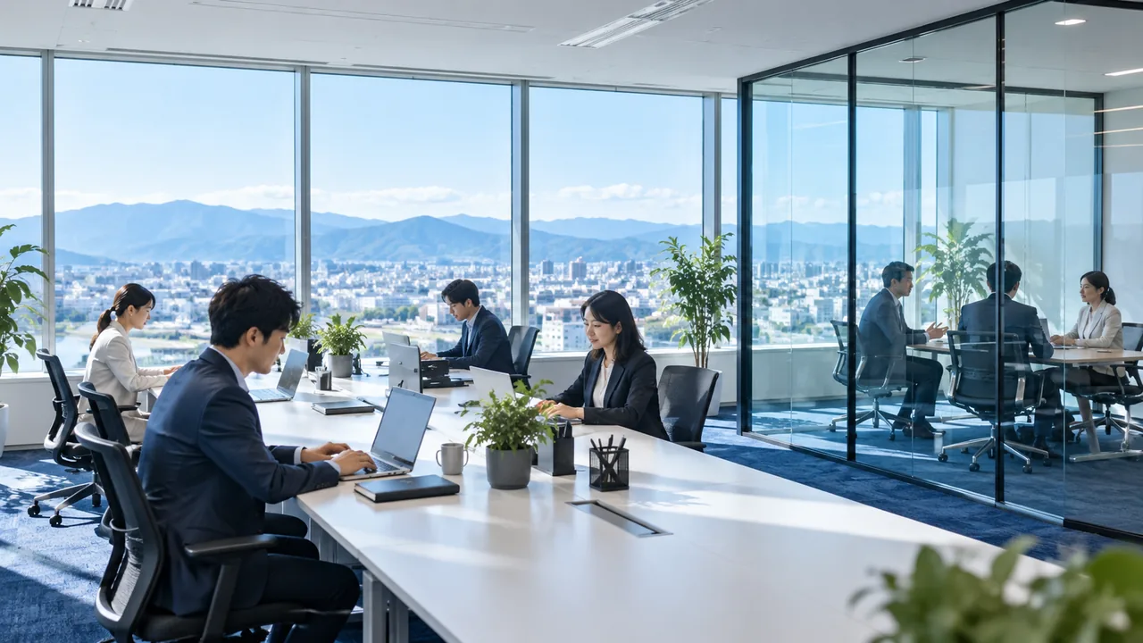 本社の執務室。紺のカーペットの広いフロアに白い長机が並び、数人が仕事をしている。脇にガラス張りの会議室、大きな窓の外に街並みと遠くの山並みが見える