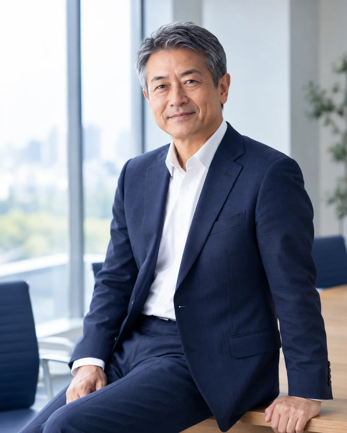 明るい執務室で会議机の端に腰掛ける、紺のスーツ姿の代表取締役 朝倉 恒一。窓からの光を受けて穏やかな表情を見せている