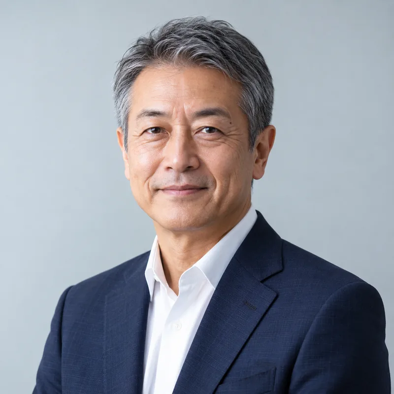 代表取締役 朝倉 恒一の顔写真。短い白髪まじりの髪に紺のスーツ
