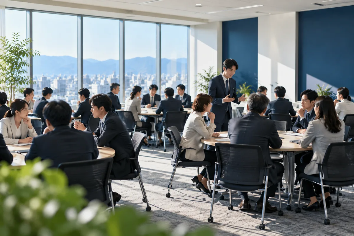 明るい研修室で、丸テーブルごとに分かれた管理職の方々が議論し、講師が間を歩いている様子