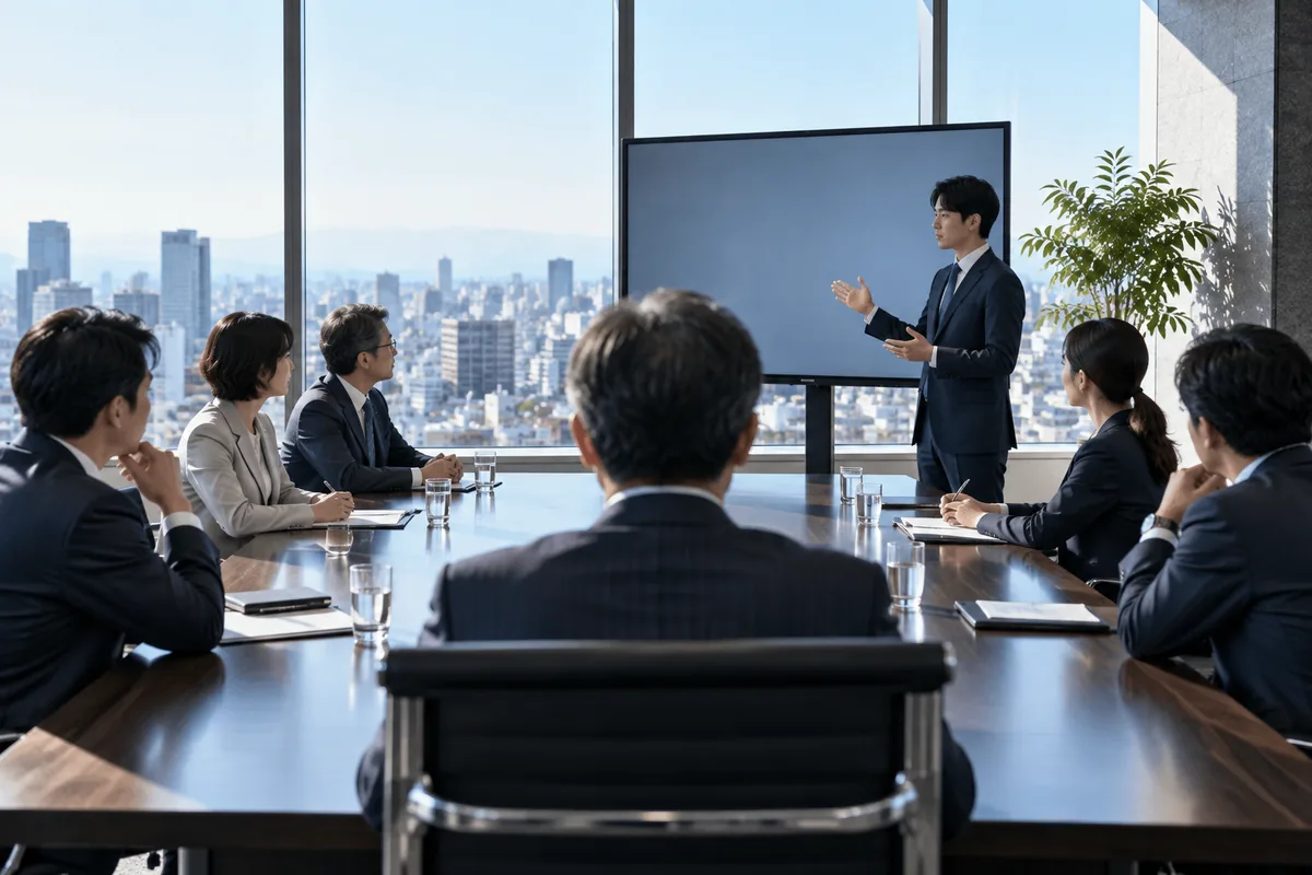 高層階の役員会議室で、長い木のテーブルを囲む経営陣に、コンサルタントが大きな画面の横で説明している様子