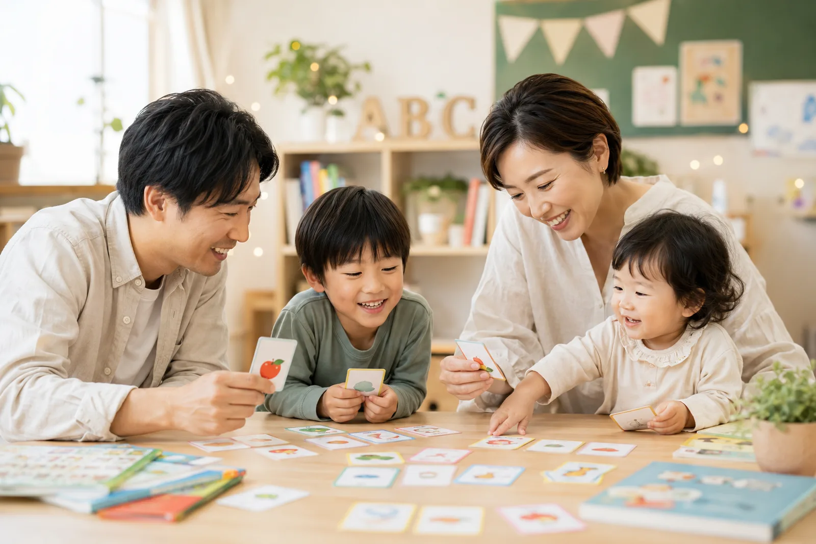 家族みんなで英語のゲームを楽しむ様子