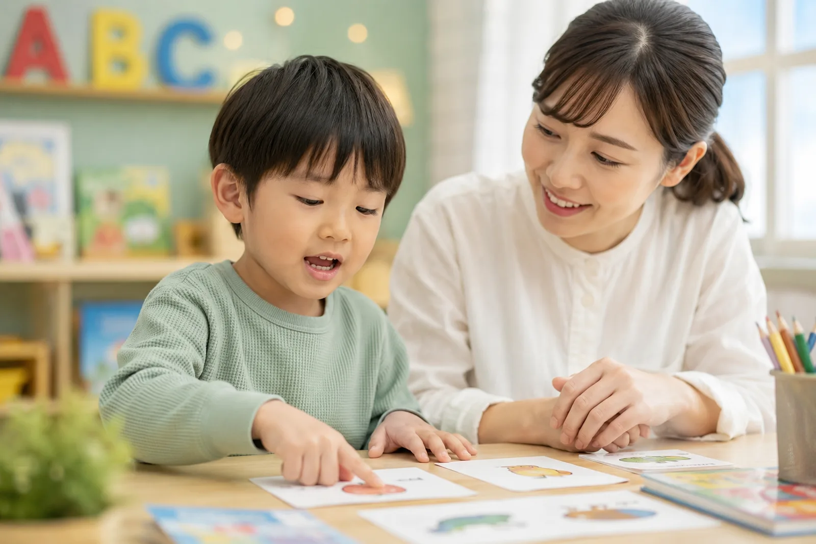 講師と一緒に絵本を読むお子さま
