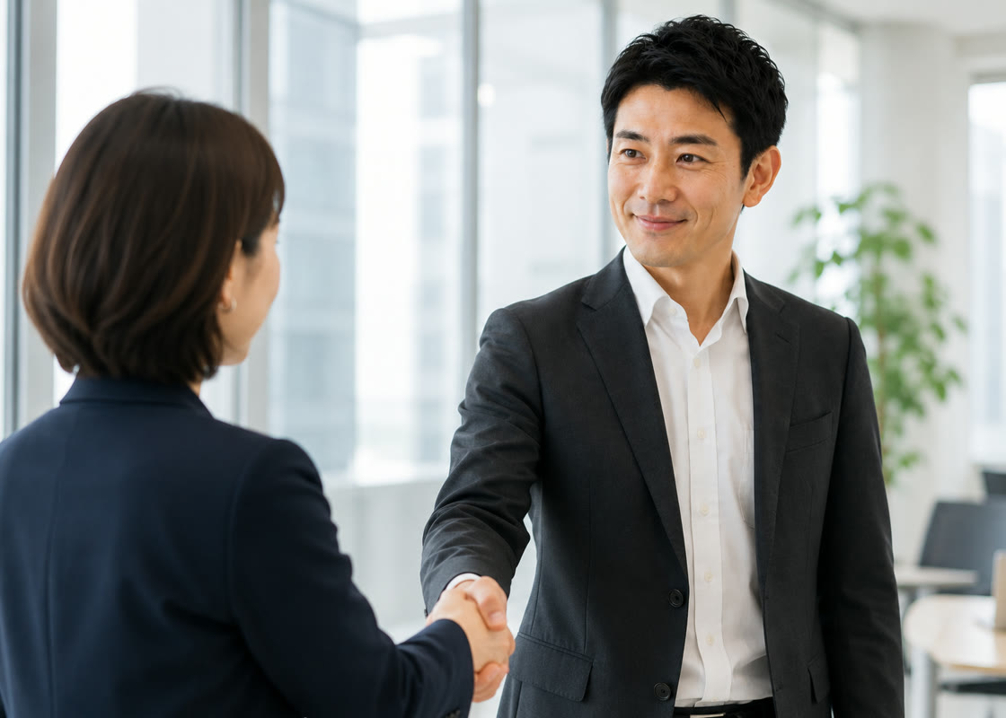 取引企業の担当者と打ち合わせをするR.T.