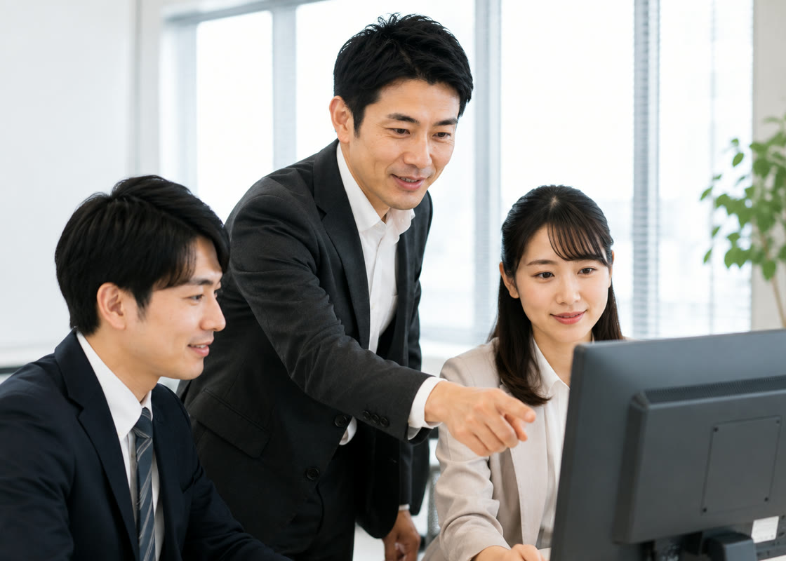 チームのメンバーと商談を振り返るR.T.