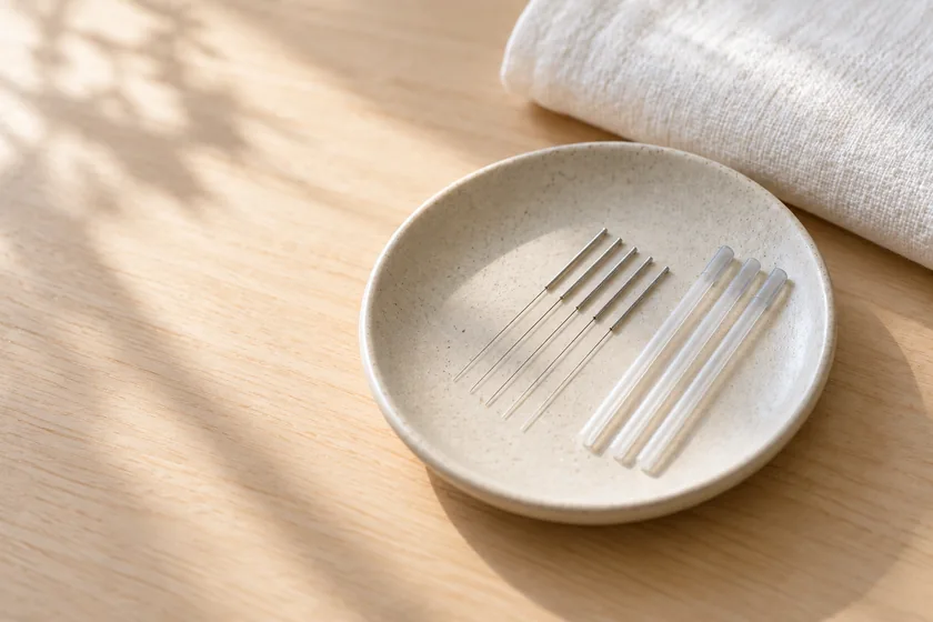 陶器の皿に並べた細い鍼と鍼管