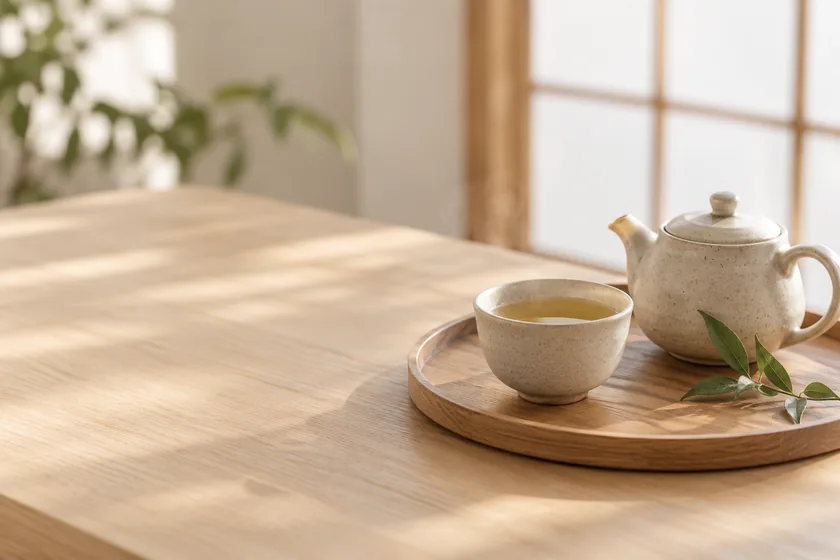 木のトレーに置いた湯呑みと急須