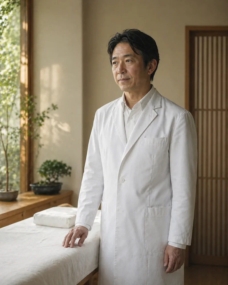 施術室に立つ あおき鍼灸整体院 院長 青木 健二