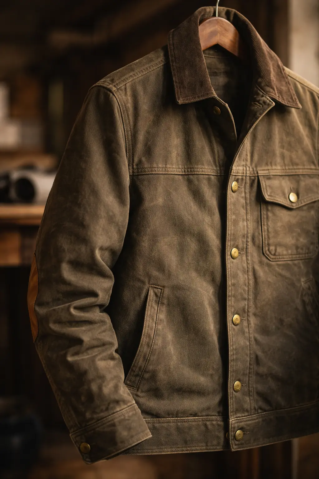 The Ironside Jacket — side angle detail showing waxed canvas texture and brass snap buttons