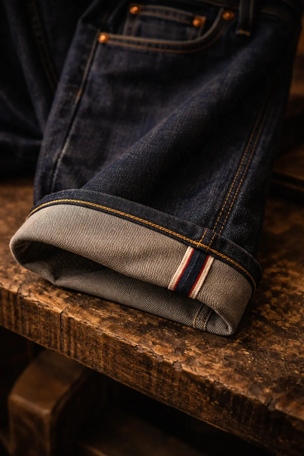 Rouge Denim — close-up of selvedge edge and chain-stitch hem, deep indigo raw denim