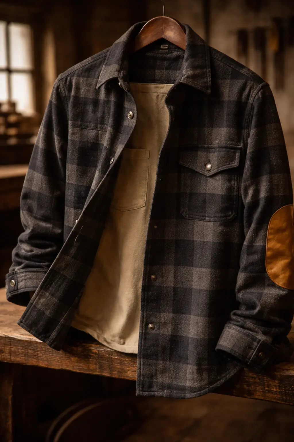 Foreman Overshirt — heavy flannel in charcoal check, open front showing interior chest pocket