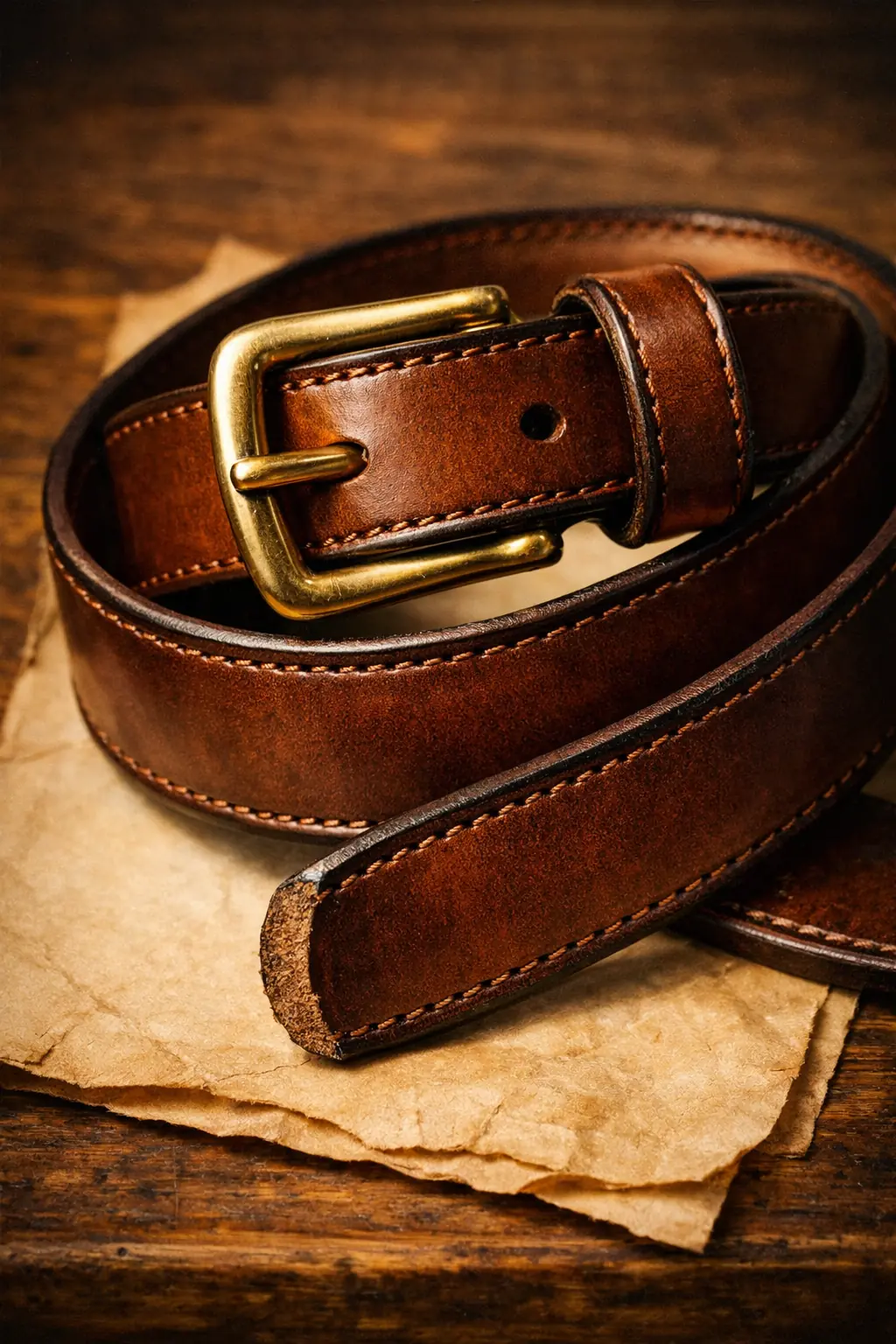 Riveter Belt — coiled bridle leather belt with brass buckle on parchment background