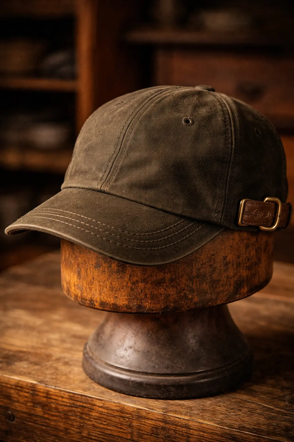 Motor City Cap — three-quarter angle showing waxed cotton crown, leather strap, and embossed brass buckle
