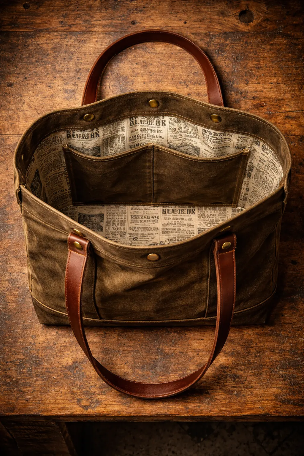 Foundry Tote — flat lay showing waxed canvas body, leather handles, interior divider, brass rivets