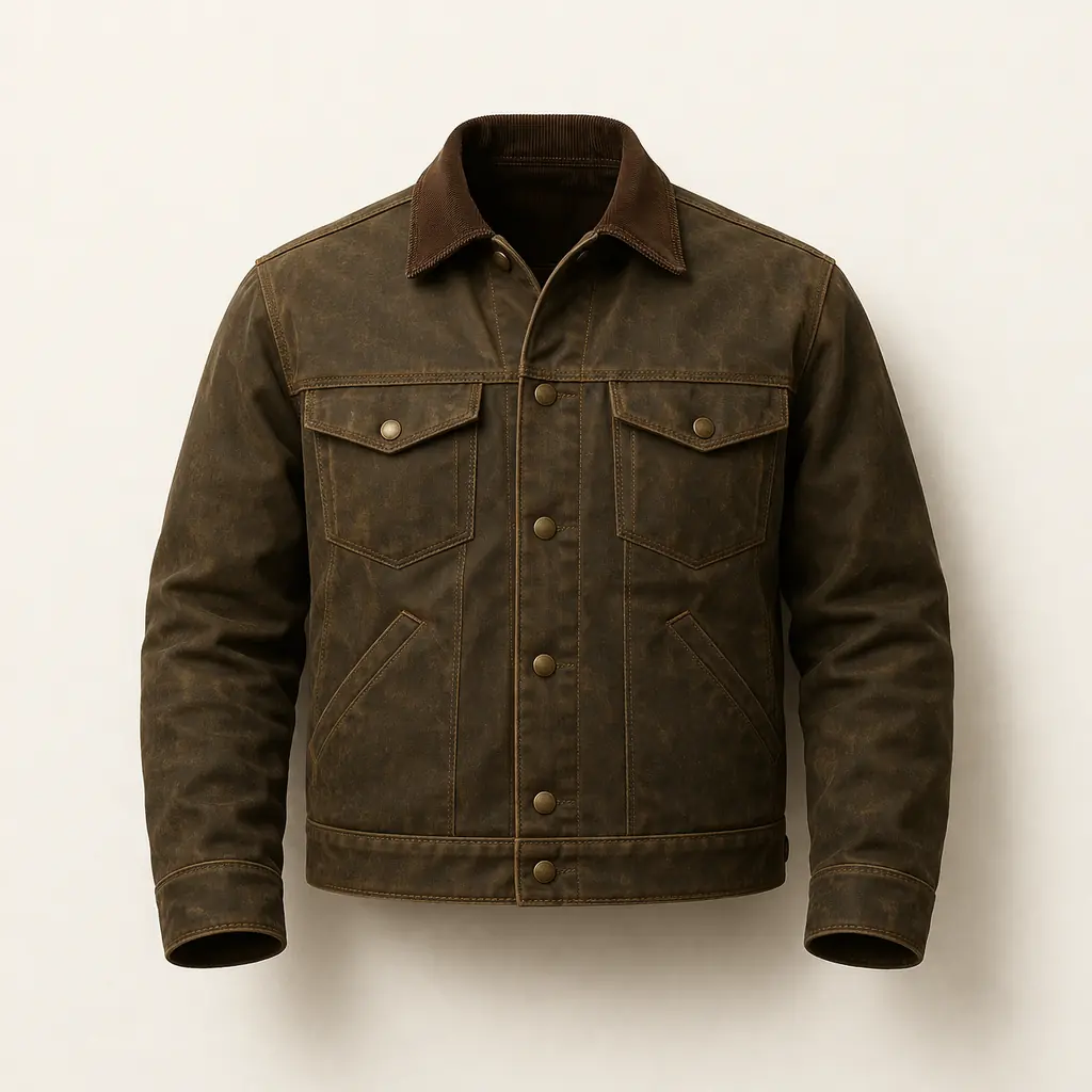The Ironside work jacket — front view, waxed canvas, brass snap buttons, triple-stitch detail