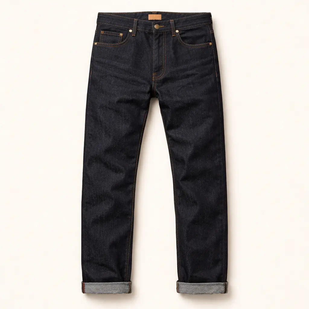 Rouge Denim — 14oz raw selvedge jeans, straight cut, deep indigo