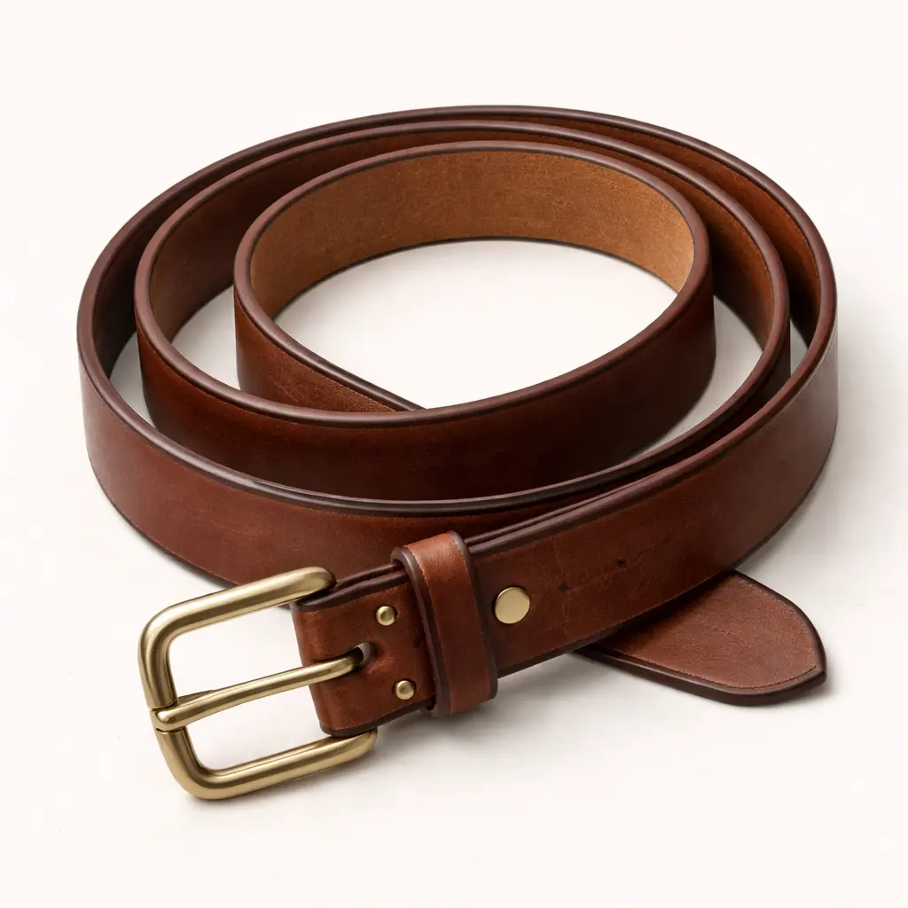 Riveter Belt — bridle leather, single prong brass buckle, hand-beveled edges