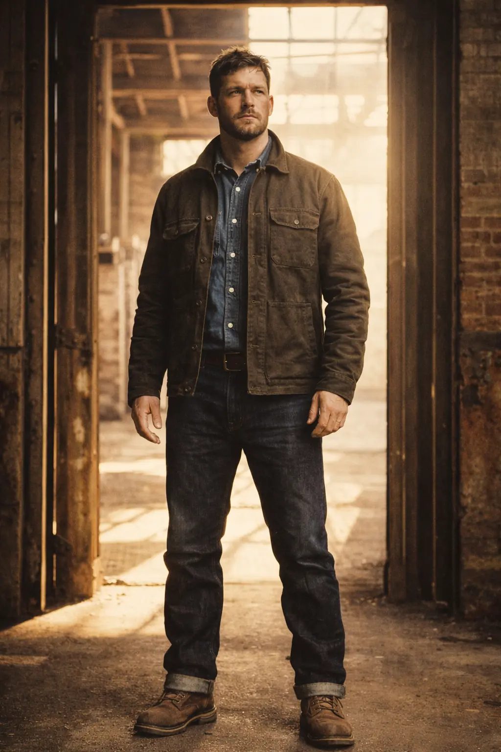Model wearing the Ironside work jacket in waxed canvas — full-body shot against industrial backdrop, warm film tone