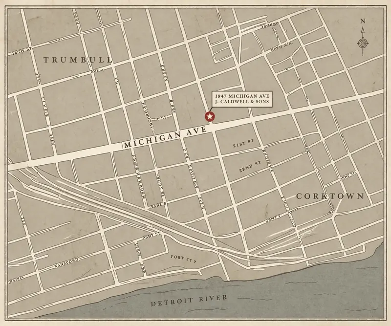 Illustrated map of Detroit highlighting the Caldwell workshop location at Michigan Avenue, grayscale vintage style