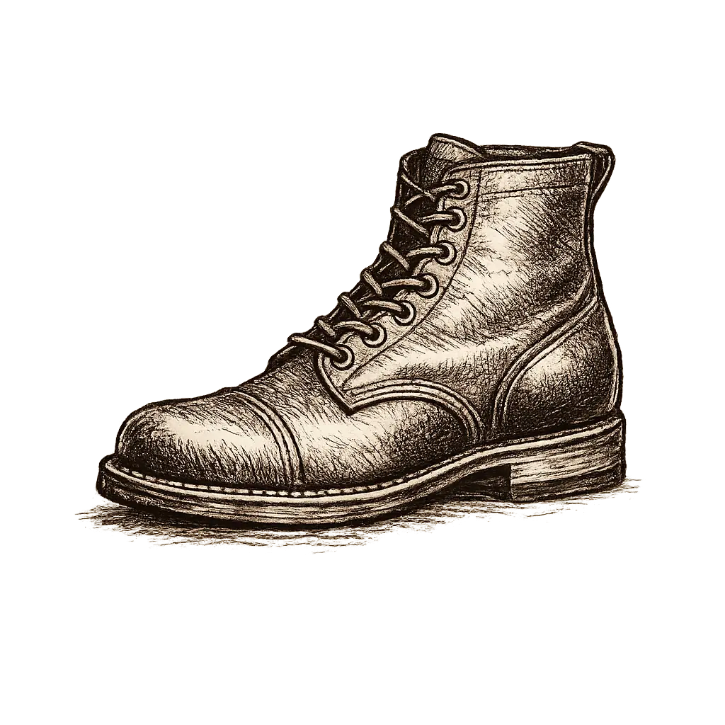 Hand-drawn ink illustration of a vintage work boot — sepia line drawing