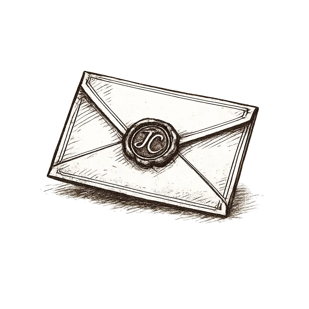 Hand-drawn ink illustration of a sealed envelope with wax stamp