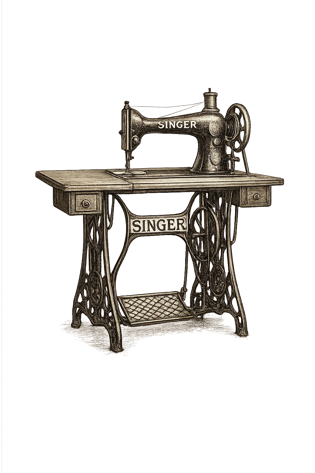 Hand-drawn ink illustration of a vintage Singer sewing machine