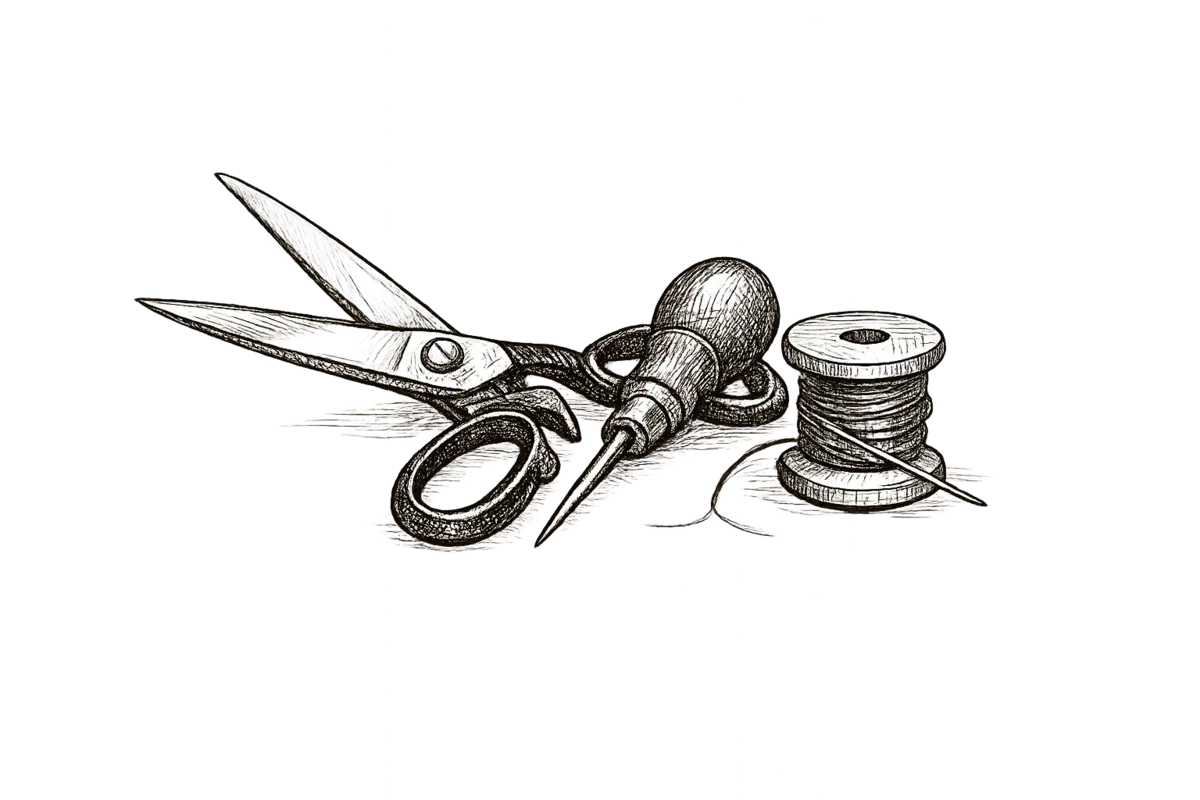 Hand-drawn ink illustration of vintage workshop tools — scissors, awl, and thread bobbin