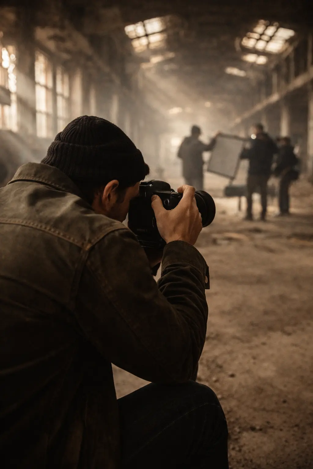 Behind the scenes — photographer Marcus Cole setting up a shot inside the Packard Plant, crew visible in background