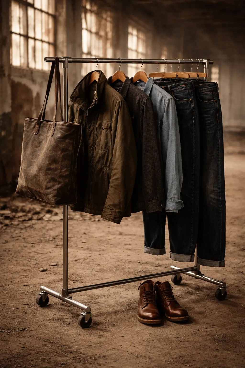 Behind the scenes — clothing rack with Caldwell garments hung on wooden hangers, natural light from broken factory windows