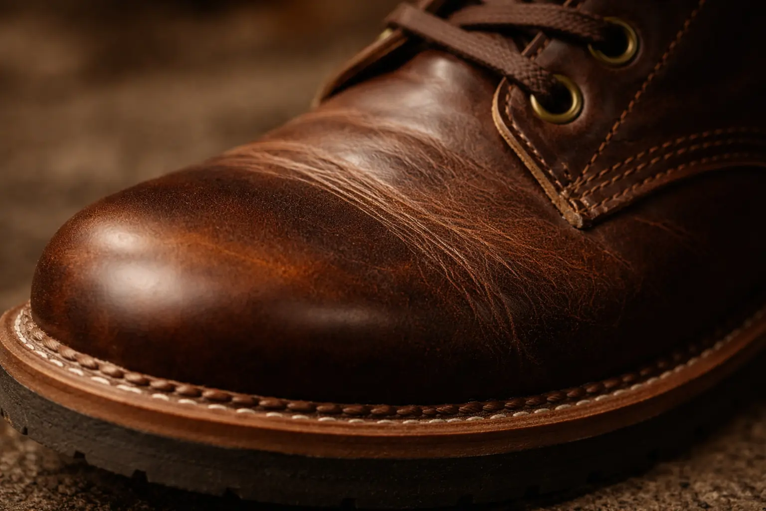 Assembly Boot close-up — Chromexcel leather showing rich pull-up effect, brass eyelets, Vibram sole edge